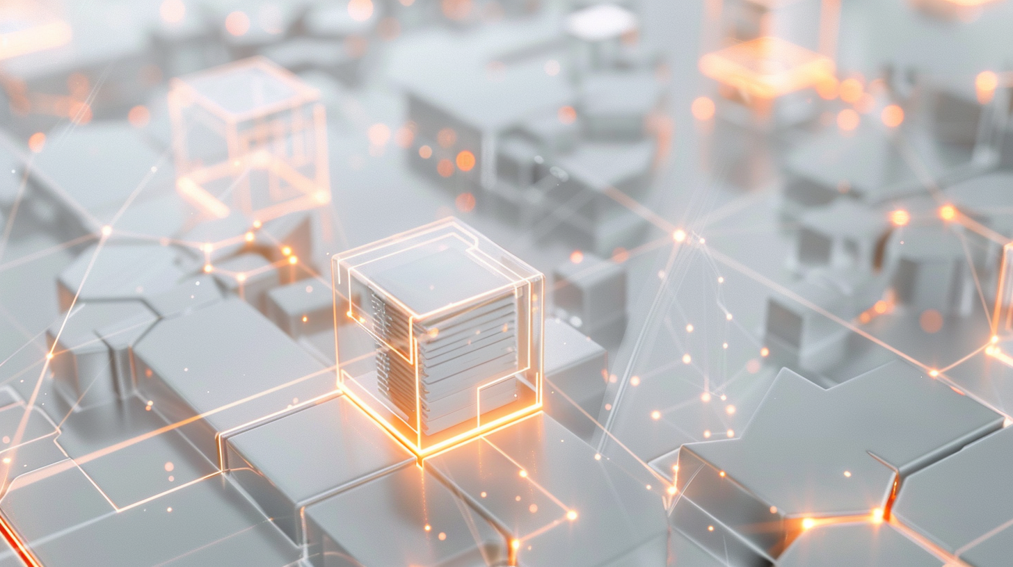 Blockchain contract storage visualization showing transparent blockchain network with contract documents locked in glowing hexagonal blocks on Polygon network