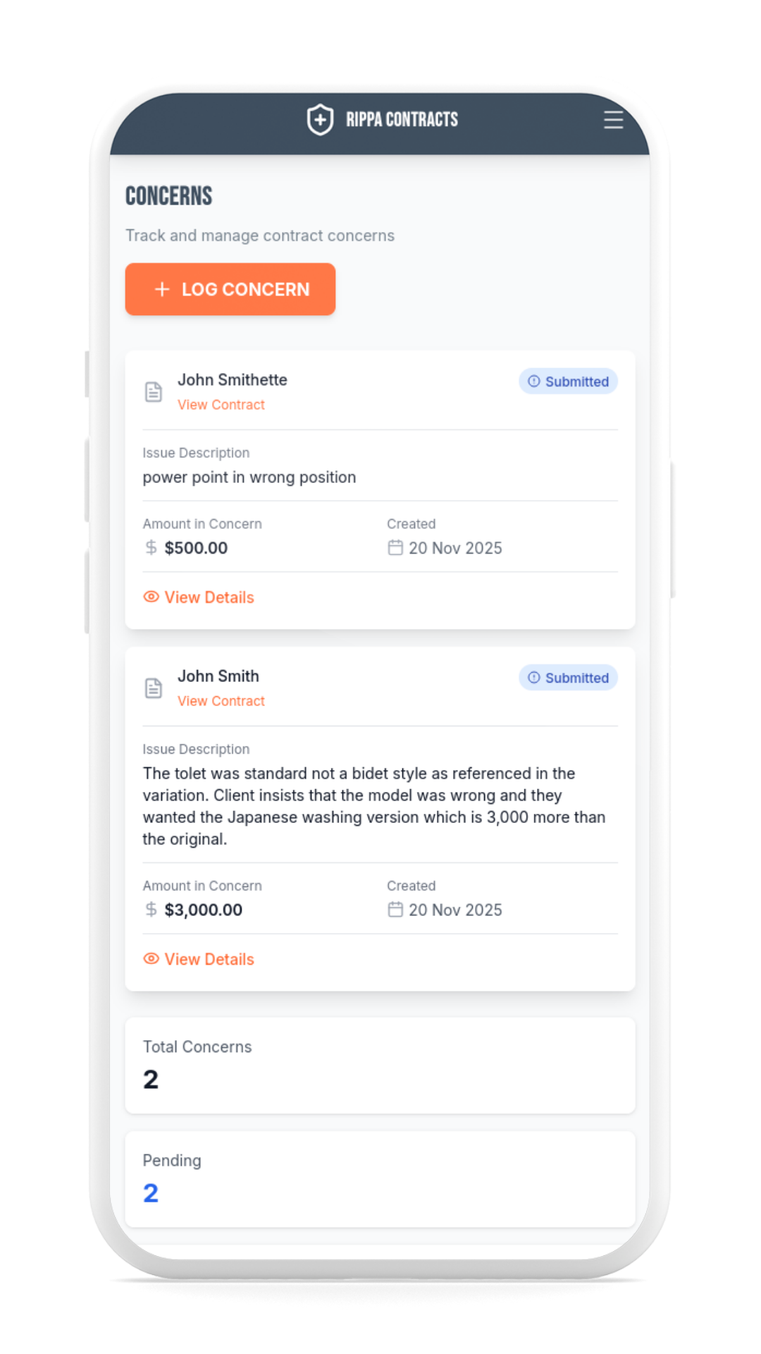 Phone showing concern logging interface