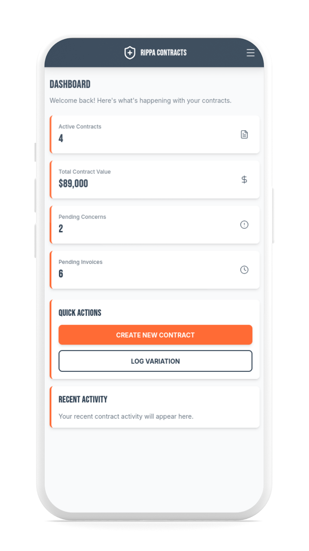 Dashboard showing contract management interface with peace of mind