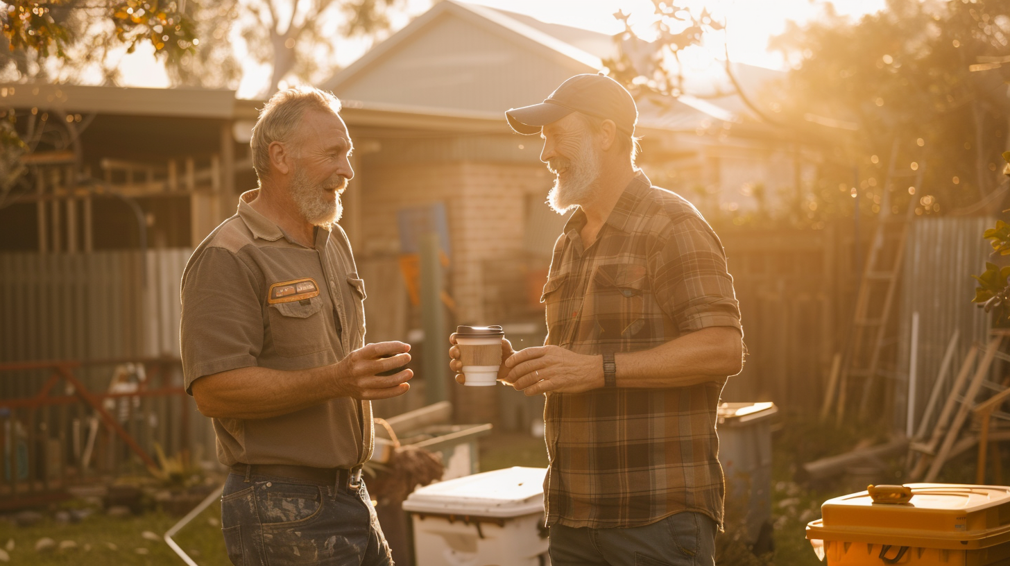 Australian tradie and homeowner having relaxed conversation at job site with coffee cups, smartphone on toolbox showing simple contract screen, natural trust and ease