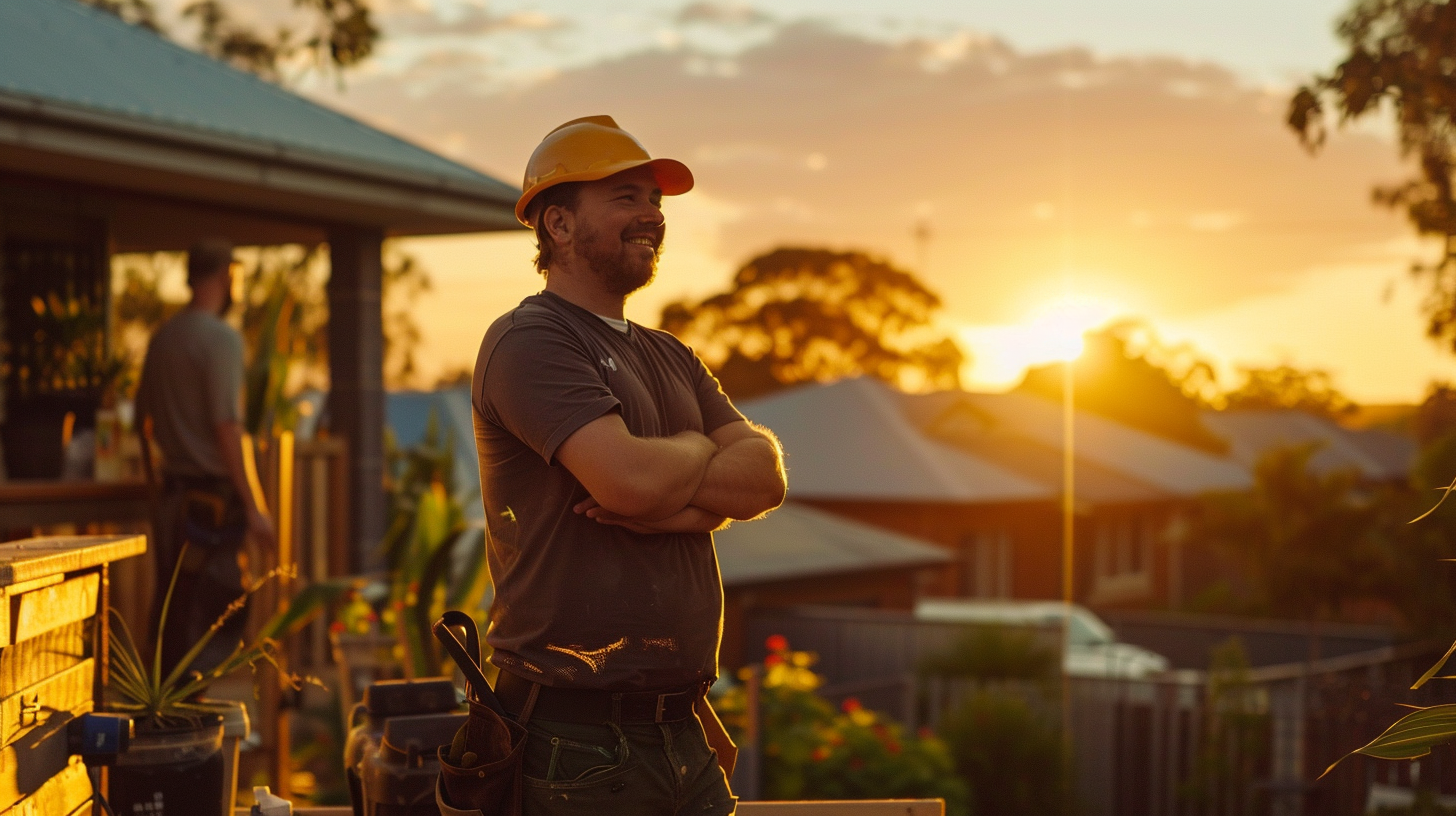 Australian construction site at golden hour, tradie packing up tools with satisfied smile, homeowner admiring completed work with relaxed confident posture, mutual satisfaction and trust